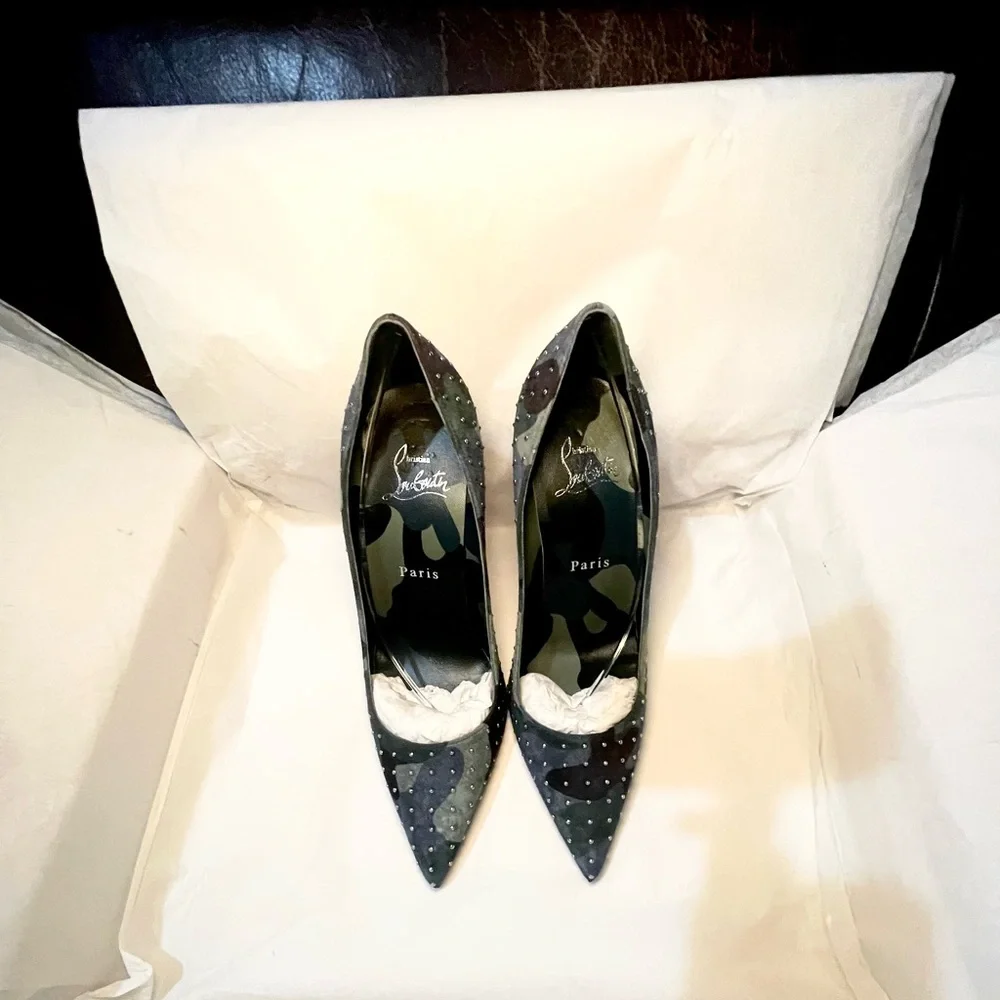 Christian Louboutin Kate 100 Studded blue green camouflage suede stiletto 38